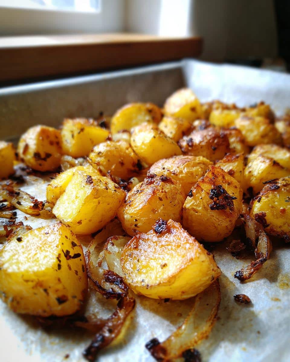 Close-up of golden brown Oven Roasted Potatoes and Onions on a parchment-lined baking sheet, seasoned with herbs.