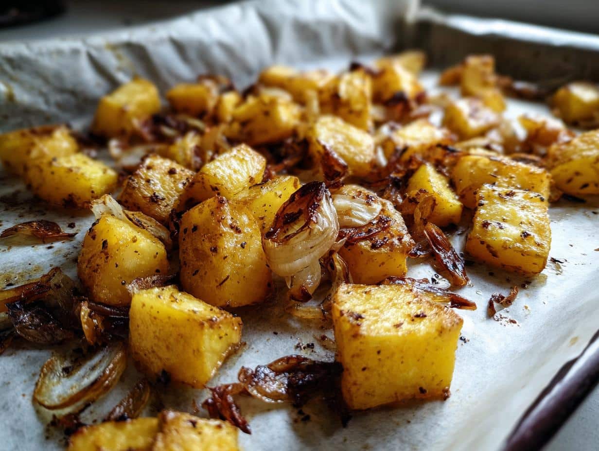 Close-up of golden brown Oven Roasted Potatoes and Onions on a parchment-lined baking sheet, seasoned with herbs.