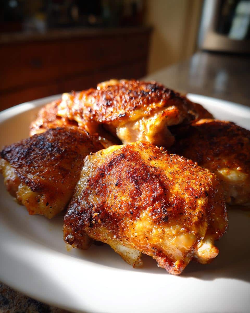 Close-up of golden-brown, crispy Savory Skillet Chicken Thighs on a white plate, seasoned with spices.