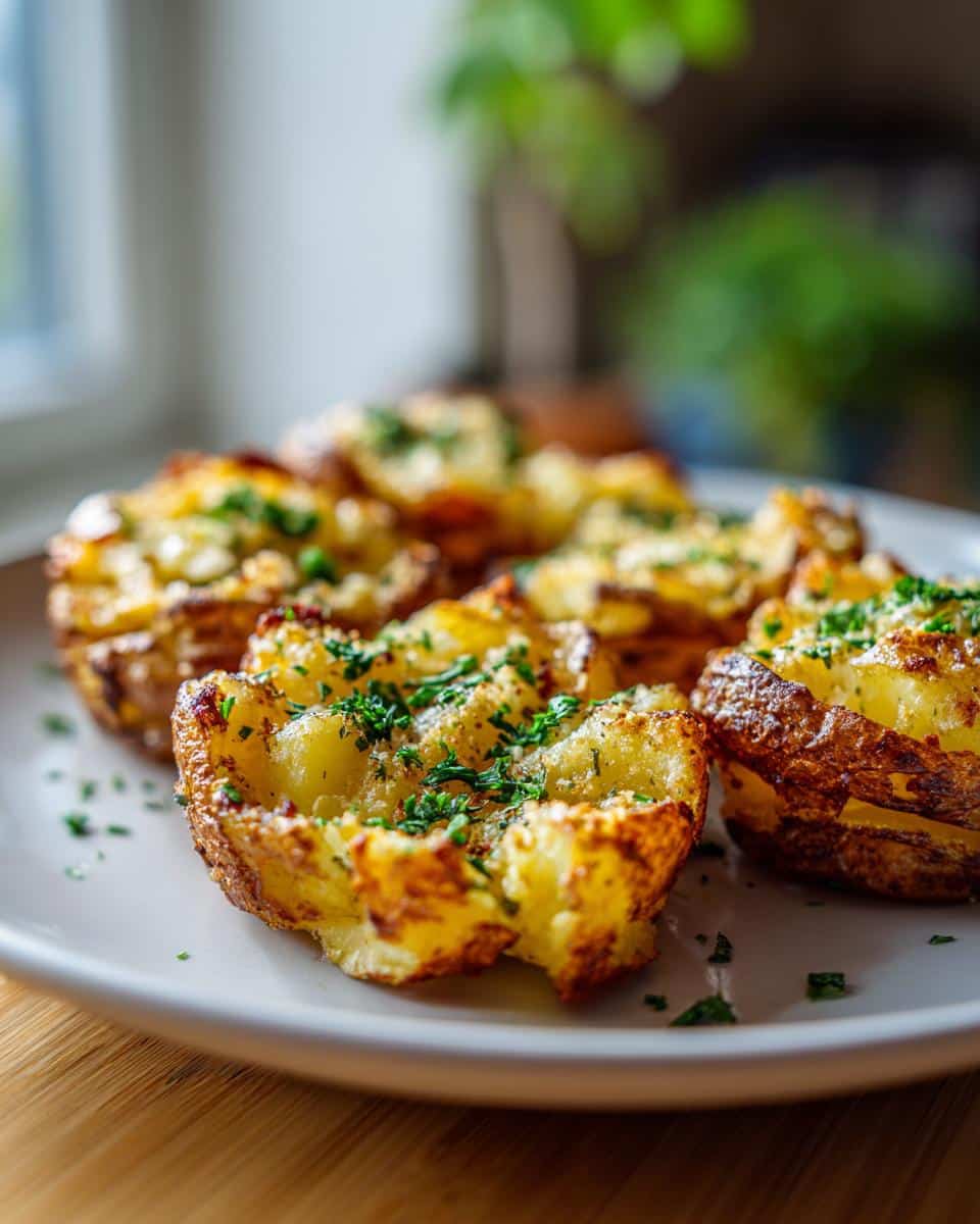 Close-up of golden brown Crispy Smashed Potatoes with Garlic, sprinkled with fresh parsley, on a white plate.