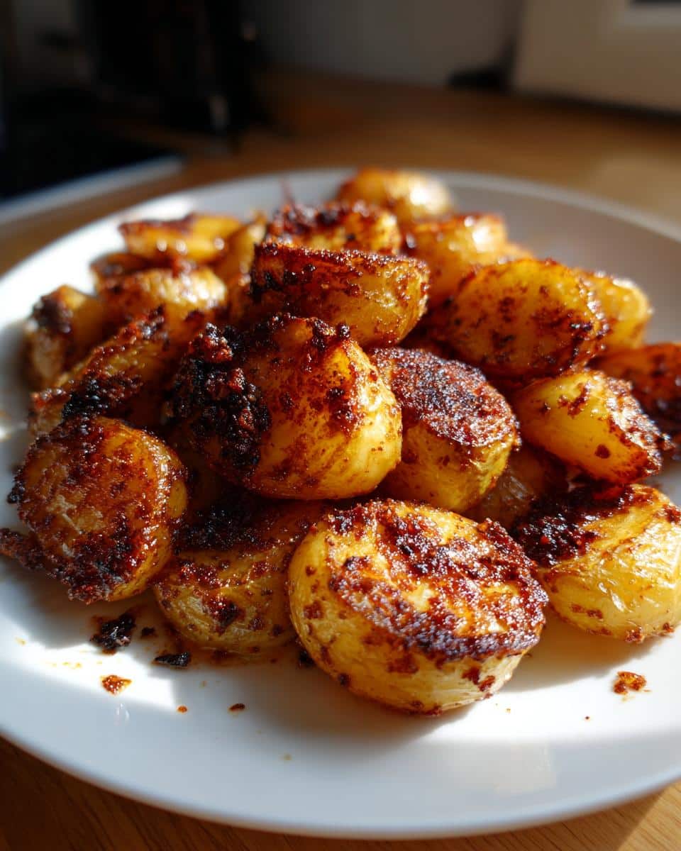 Close-up of a pile of golden-brown, crispy Smoky Paprika Roasted Potatoes on a white plate, showing the rich seasoning.