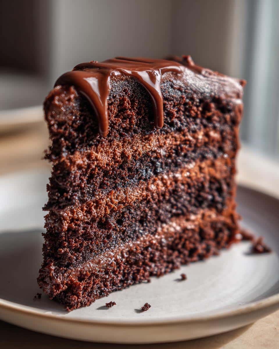 Close-up of a rich, moist slice of Death by Chocolate Cake with multiple layers and chocolate ganache dripping down.