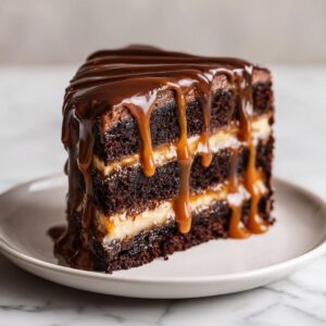 1 Epic Decadent Chocolate Cake with Salted Caramel Drip 6 A close-up of a slice of Decadent Chocolate Cake with Salted Caramel Drip, showing layers of chocolate cake and light-colored filling.