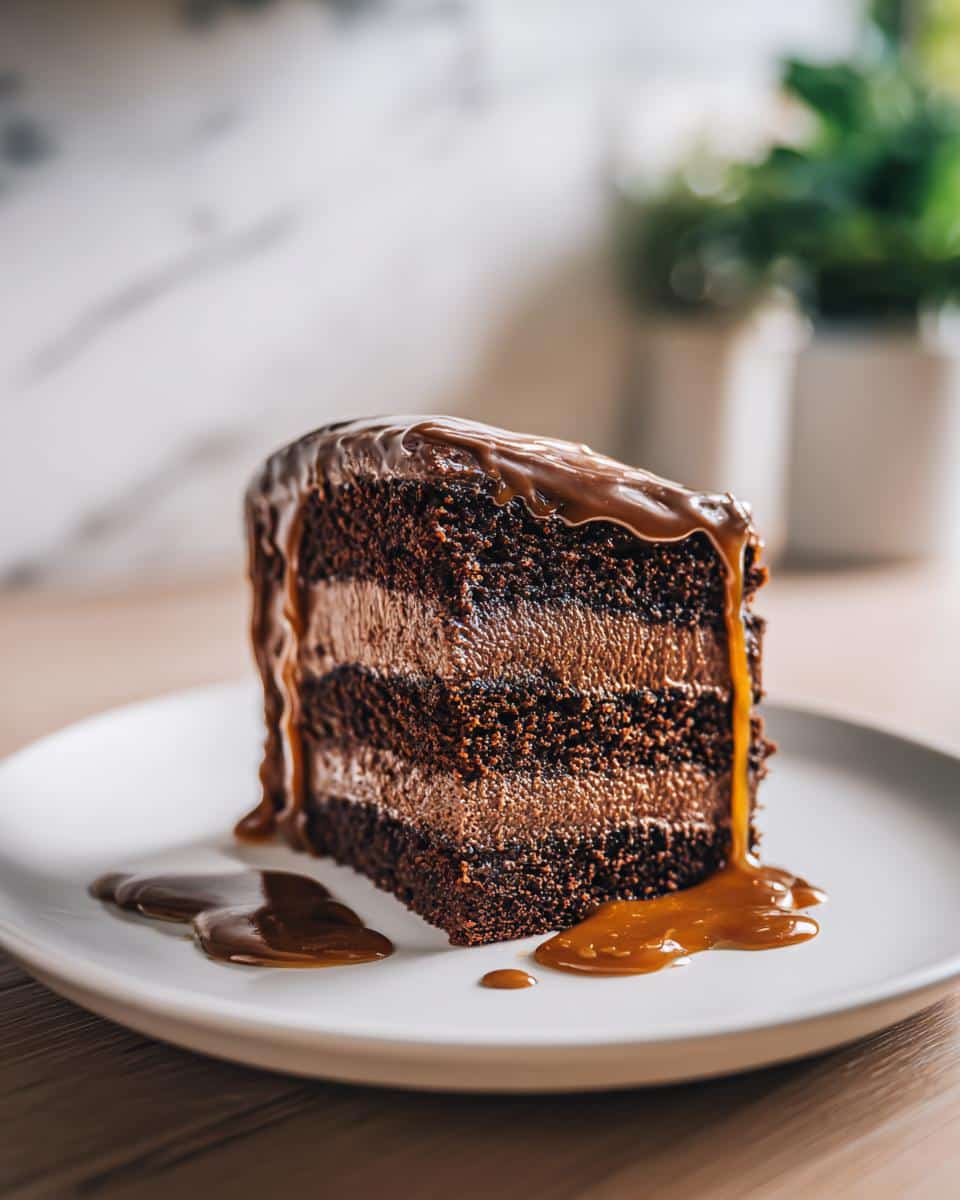 1 Epic Decadent Chocolate Cake with Salted Caramel Drip 3 A close-up of a slice of Decadent Chocolate Cake with Salted Caramel Drip, showing rich chocolate layers and caramel pooling on the plate.