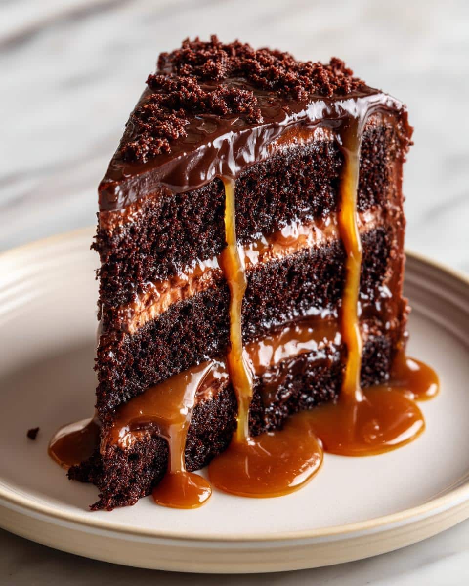 1 Epic Decadent Chocolate Cake with Salted Caramel Drip 4 A close-up of a slice of Decadent Chocolate Cake with Salted Caramel Drip, showing rich chocolate layers and flowing caramel.