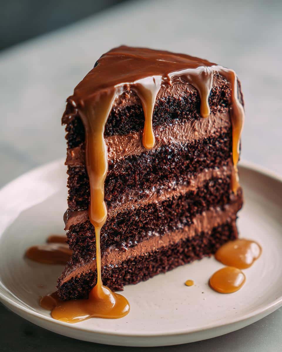 1 Epic Decadent Chocolate Cake with Salted Caramel Drip 5 A close-up of a slice of Decadent Chocolate Cake with Salted Caramel Drip, showing multiple layers of cake and frosting.