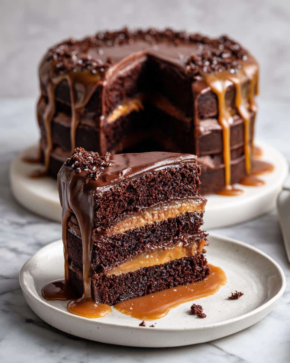 1 Epic Decadent Chocolate Cake with Salted Caramel Drip 2 A close-up of a slice of Decadent Chocolate Cake with Salted Caramel Drip on a white plate, with the full cake in the background.