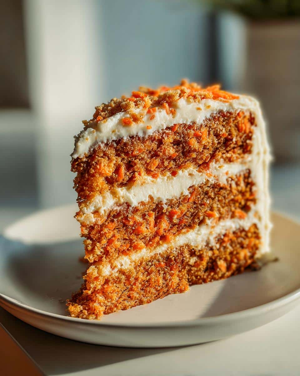 A close-up of a delicious slice of Easy Carrot Cake with Cream Cheese Frosting, showing moist layers and frosting.