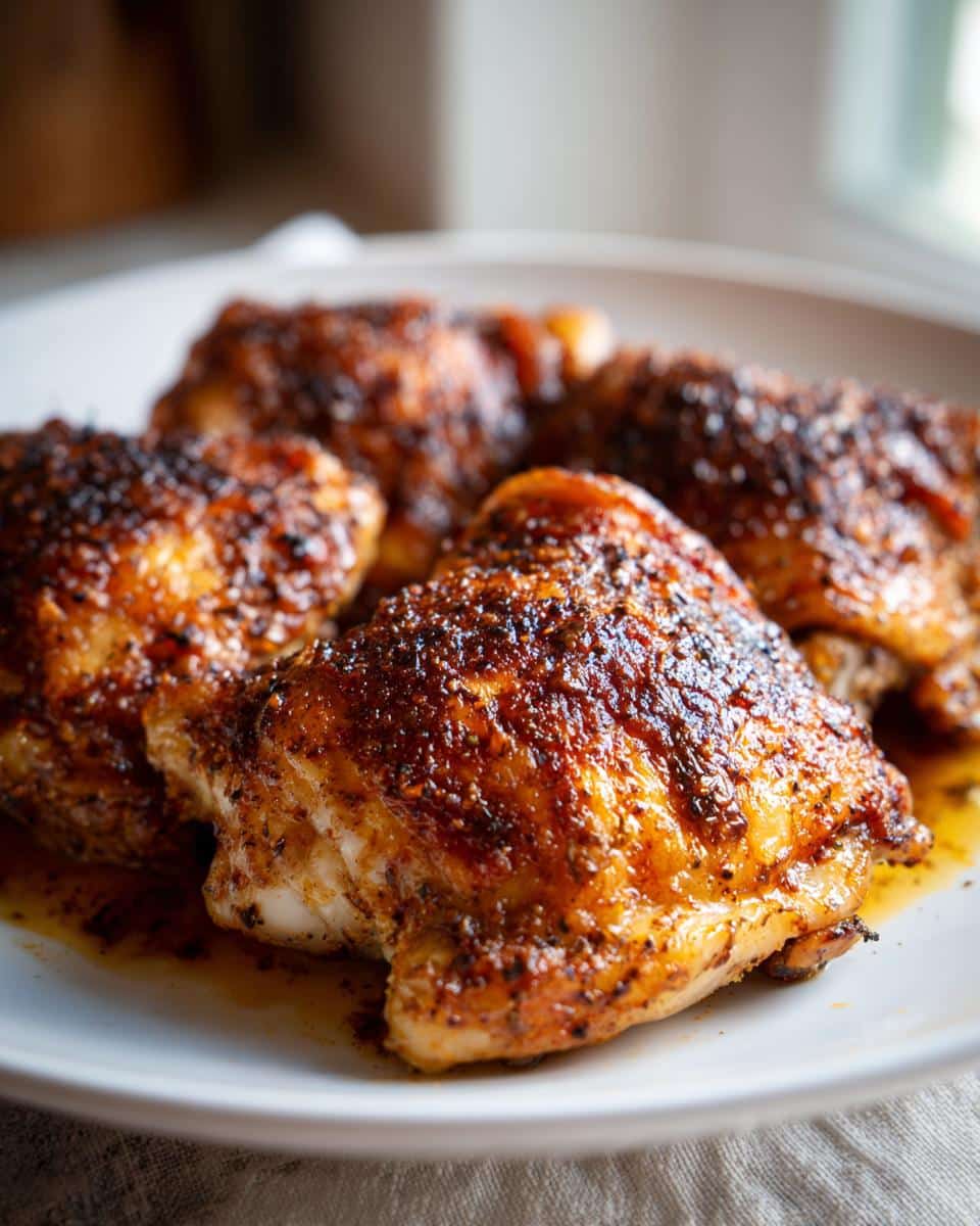 Close-up of a white plate filled with several golden-brown, crispy Easy Chicken Thighs from Scratch, glistening with juices.