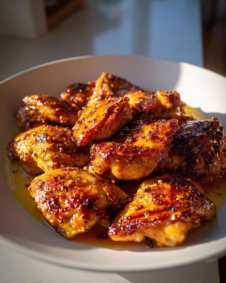 Close-up of a white bowl filled with glistening Easy Honey Garlic Chicken Thighs, coated in a sticky, golden-brown sauce.