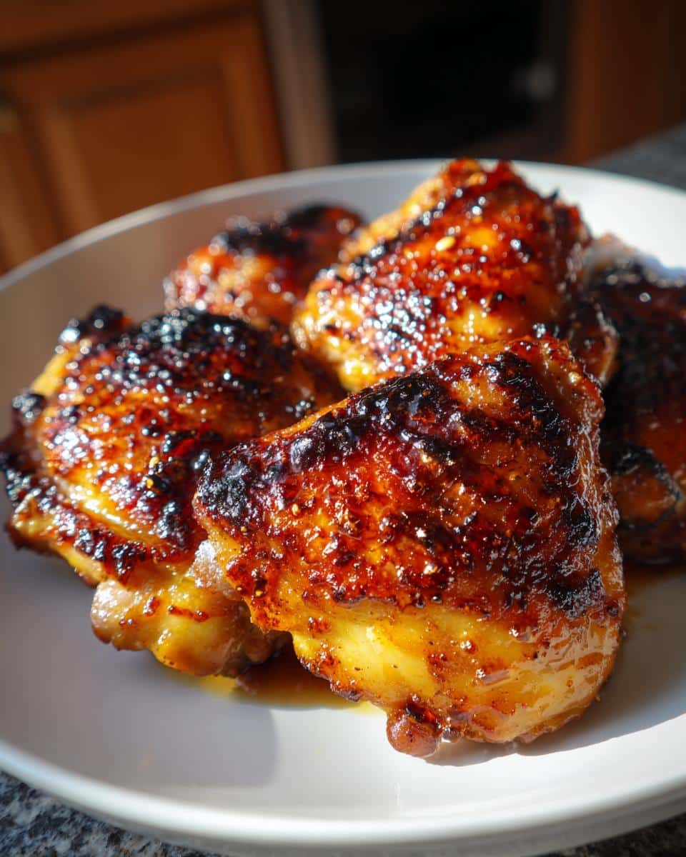 A close-up of several glistening, golden-brown Easy Honey Garlic Chicken Thighs on a white plate, ready to serve.