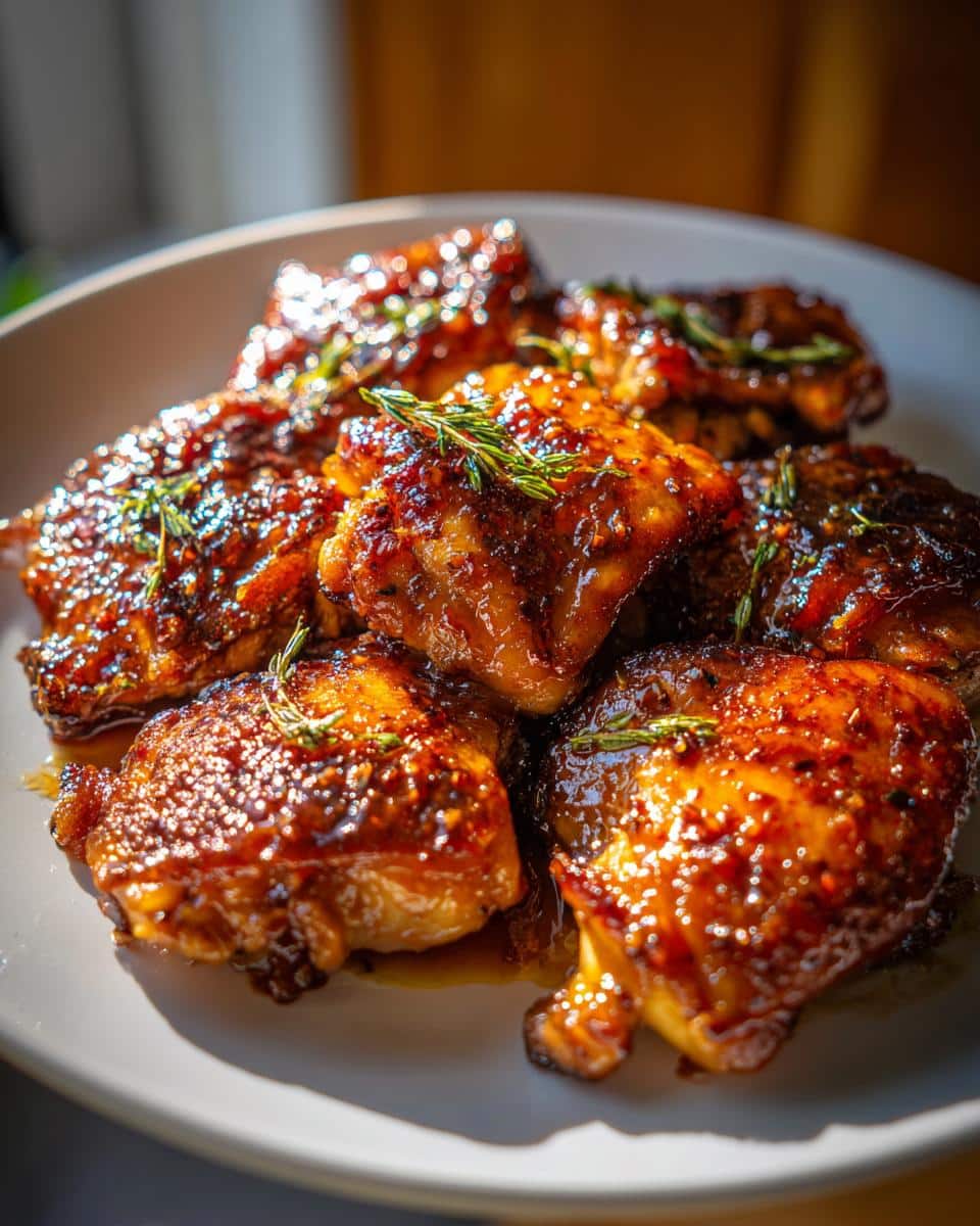 A close-up of a plate filled with glistening Easy Honey Garlic Chicken Thighs, garnished with fresh rosemary.
