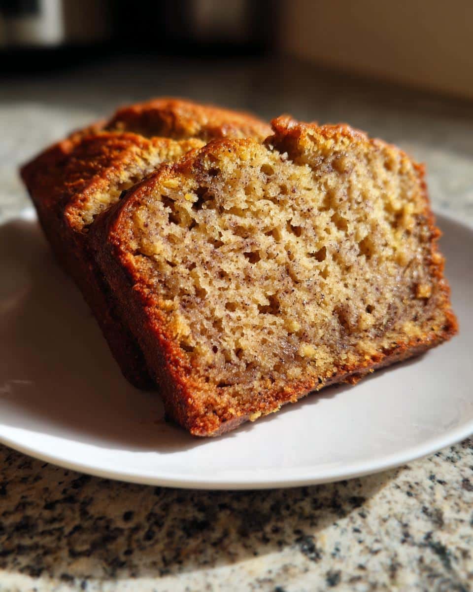 Three golden-brown slices of Easy Moist Banana Bread on a white plate, showing the soft, speckled interior.