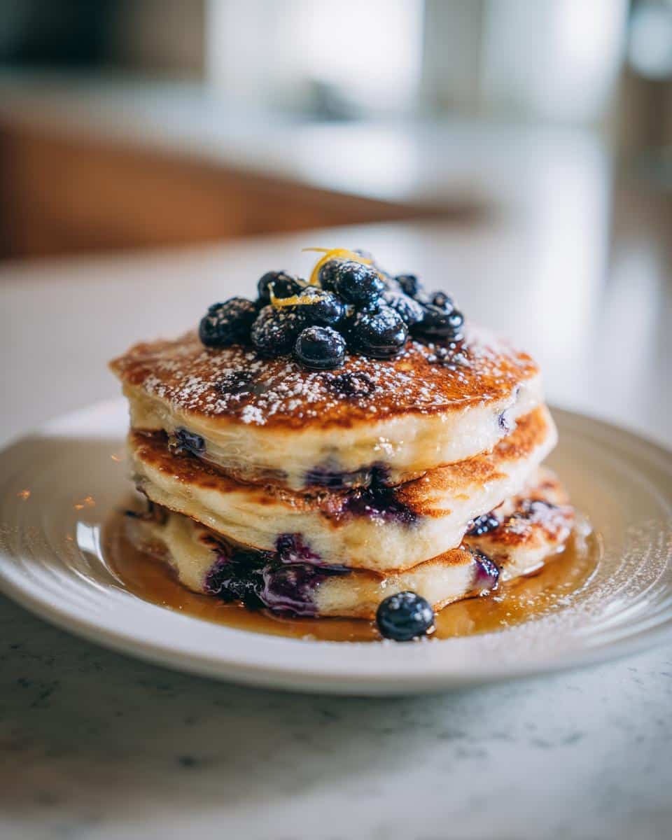 A close-up of a stack of fluffy Blueberry Lemon Pancakes, topped with fresh blueberries, lemon zest, and powdered sugar, drizzled with syrup.