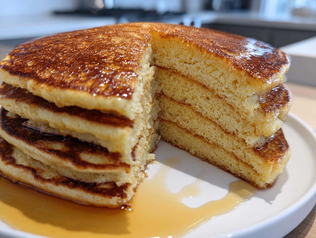 A tall stack of golden-brown, fluffy Brunch Pancakes at Home, with a slice cut out, drizzled generously with maple syrup.