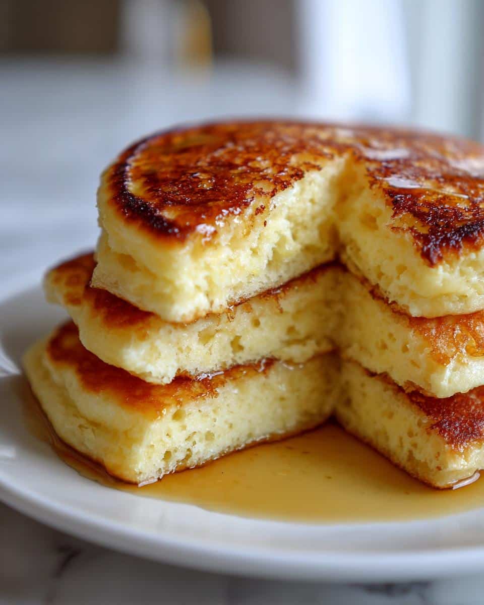 Close-up of a stack of fluffy Brunch Pancakes at Home with a bite taken out, drizzled with maple syrup on a white plate.