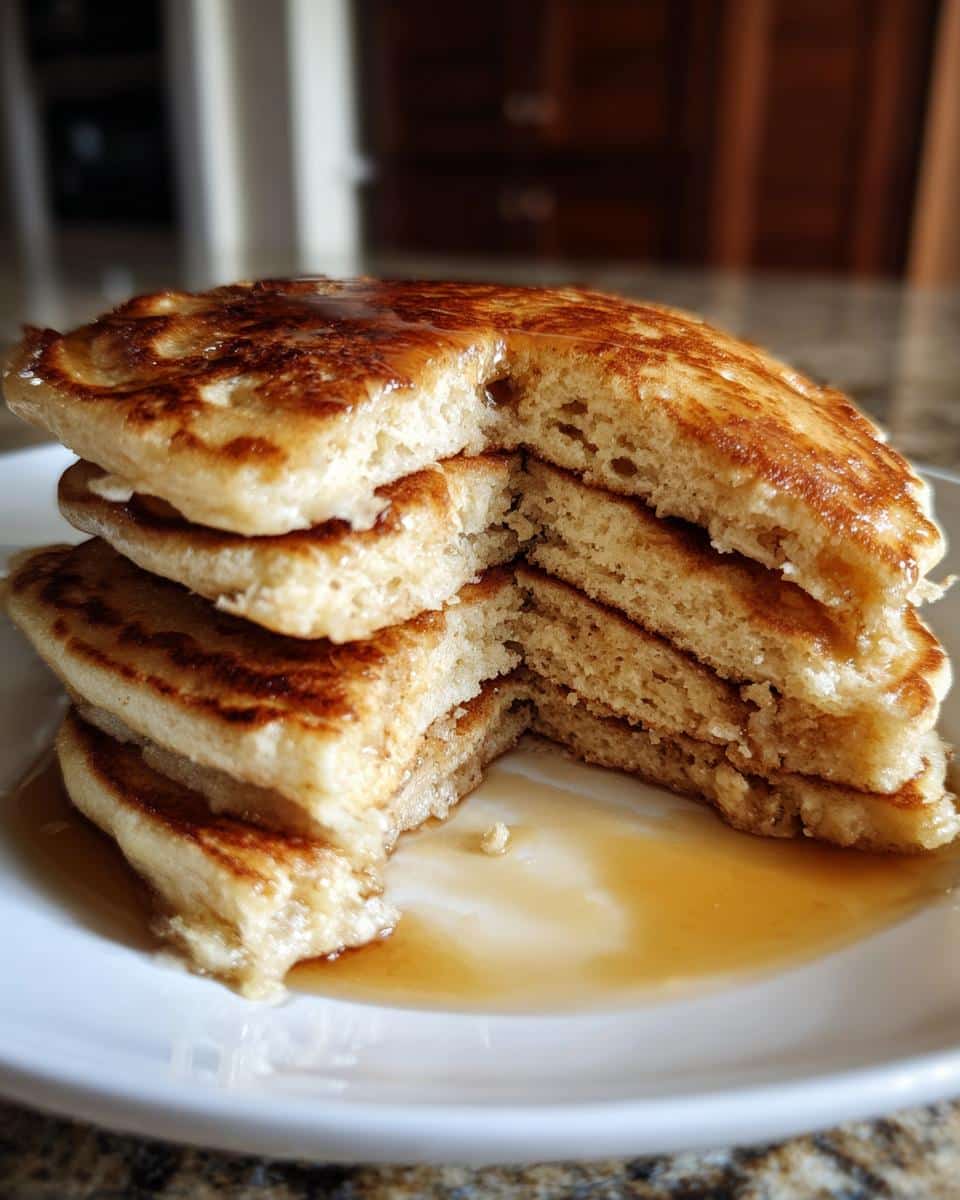 Close-up of a stack of fluffy Brunch Pancakes at Home, cut open to show the texture, drizzled with maple syrup on a white plate.