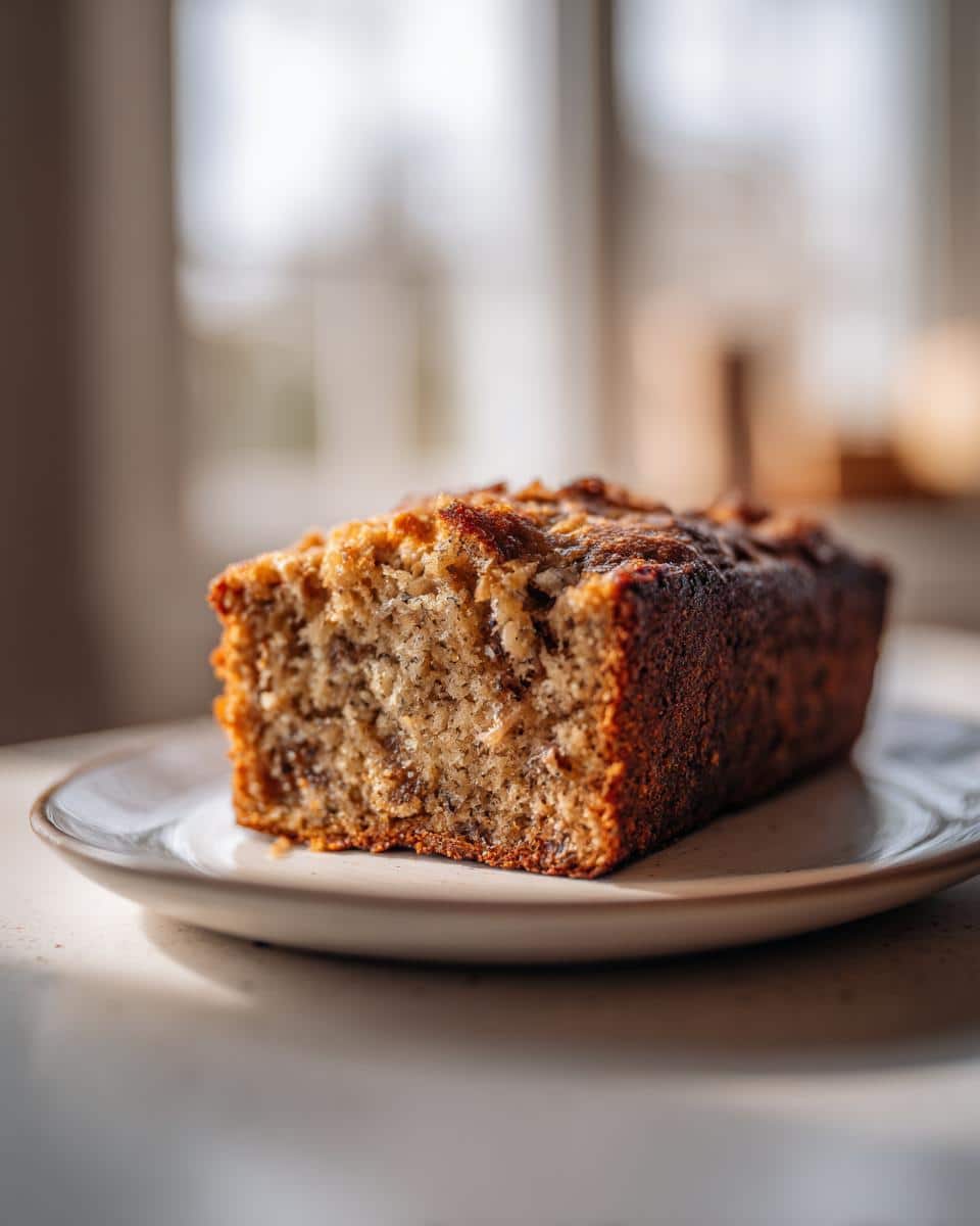 A close-up of a golden-brown slice of Foolproof Banana Bread on a white plate, showing its moist texture.