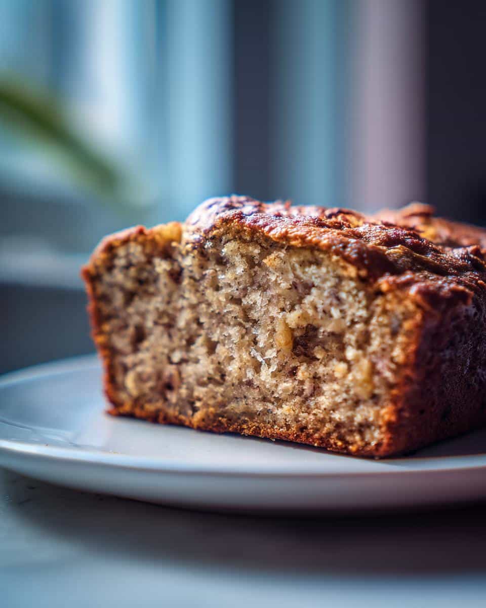 A close-up of a golden-brown slice of Foolproof Banana Bread on a white plate, showing its moist texture.