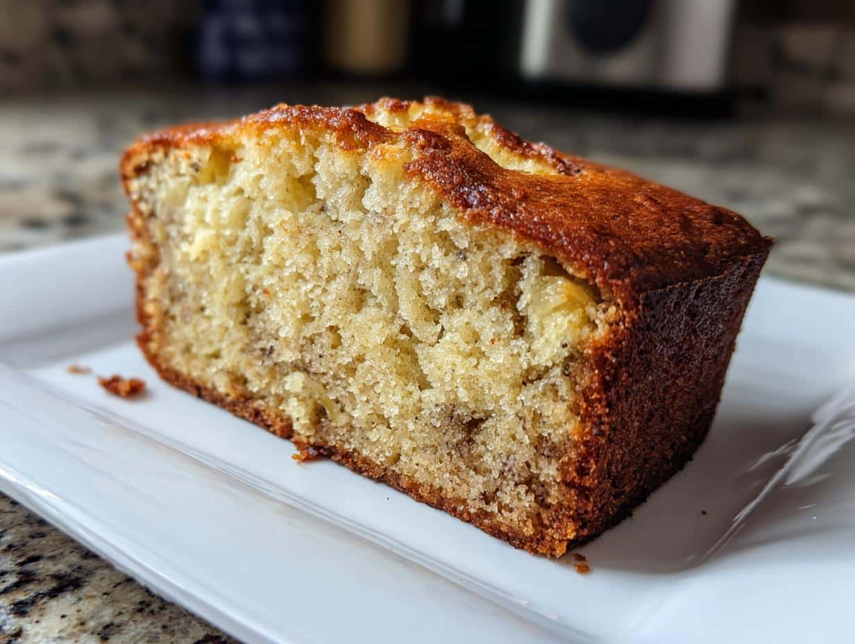 A close-up of a golden-brown slice of Foolproof Banana Bread on a white plate, showing its moist texture.