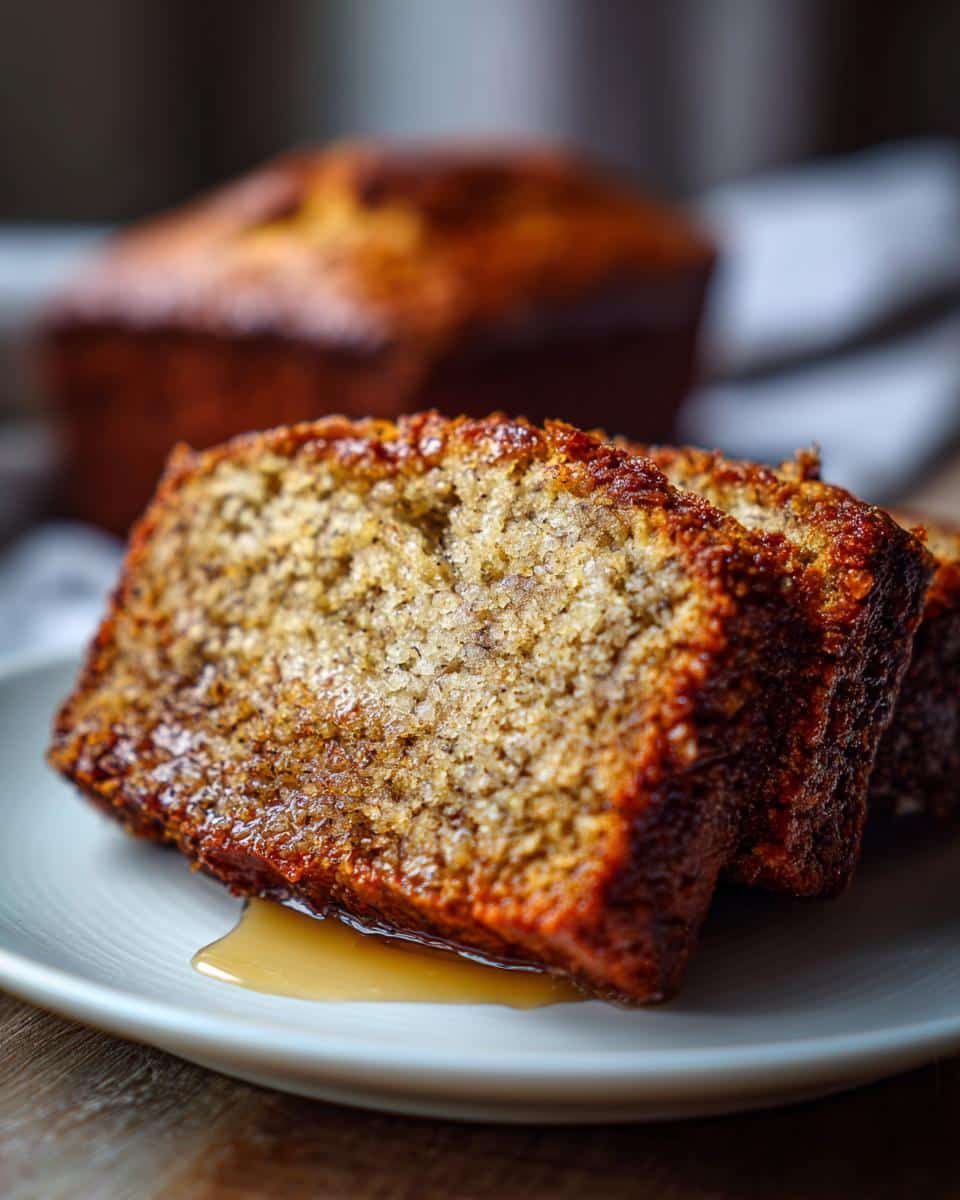 Two slices of moist, golden-brown Foolproof Banana Bread on a white plate, with a drizzle of syrup pooling underneath. A loaf is blurred in the background.