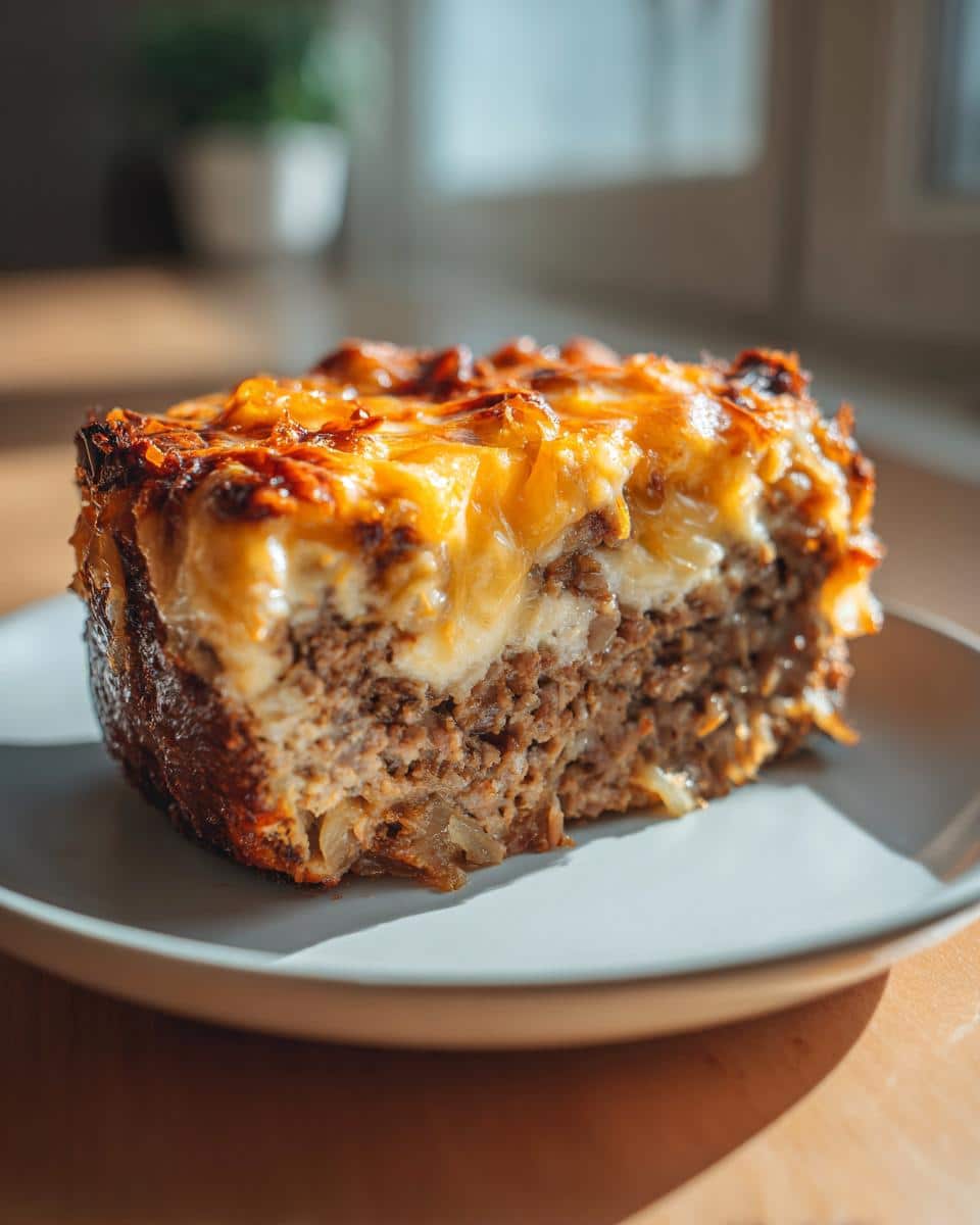 A close-up of a thick slice of French Onion Meatloaf on a white plate, topped with melted, bubbly cheese.