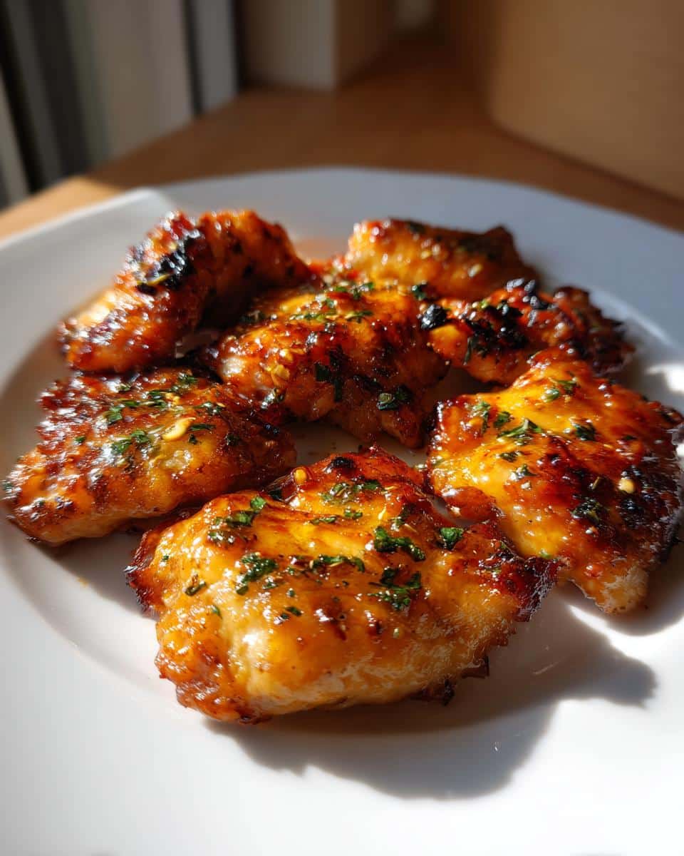 Juicy Garlic Butter Air Fryer Chicken in Just 25 Minutes 5 A close-up of several pieces of golden-brown Garlic Butter Air Fryer Chicken garnished with fresh parsley on a white plate.