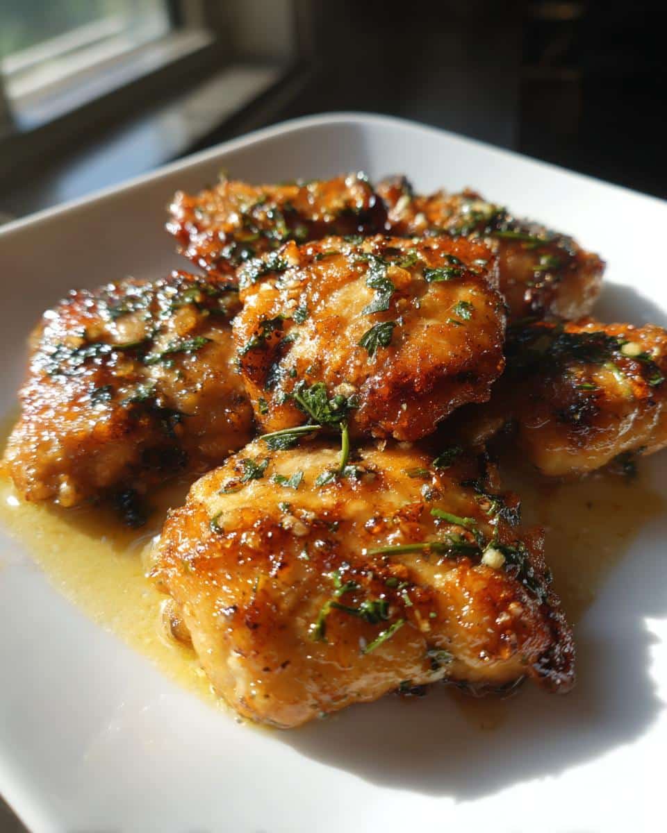 Juicy Garlic Butter Air Fryer Chicken in Just 25 Minutes 2 Close-up of golden brown Garlic Butter Air Fryer Chicken thighs garnished with fresh herbs, served on a white plate.