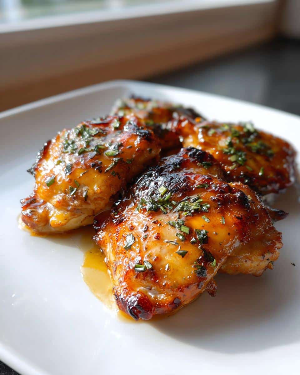 Juicy Garlic Butter Air Fryer Chicken in Just 25 Minutes 3 Close-up of golden-brown Garlic Butter Air Fryer Chicken thighs garnished with fresh herbs on a white plate.