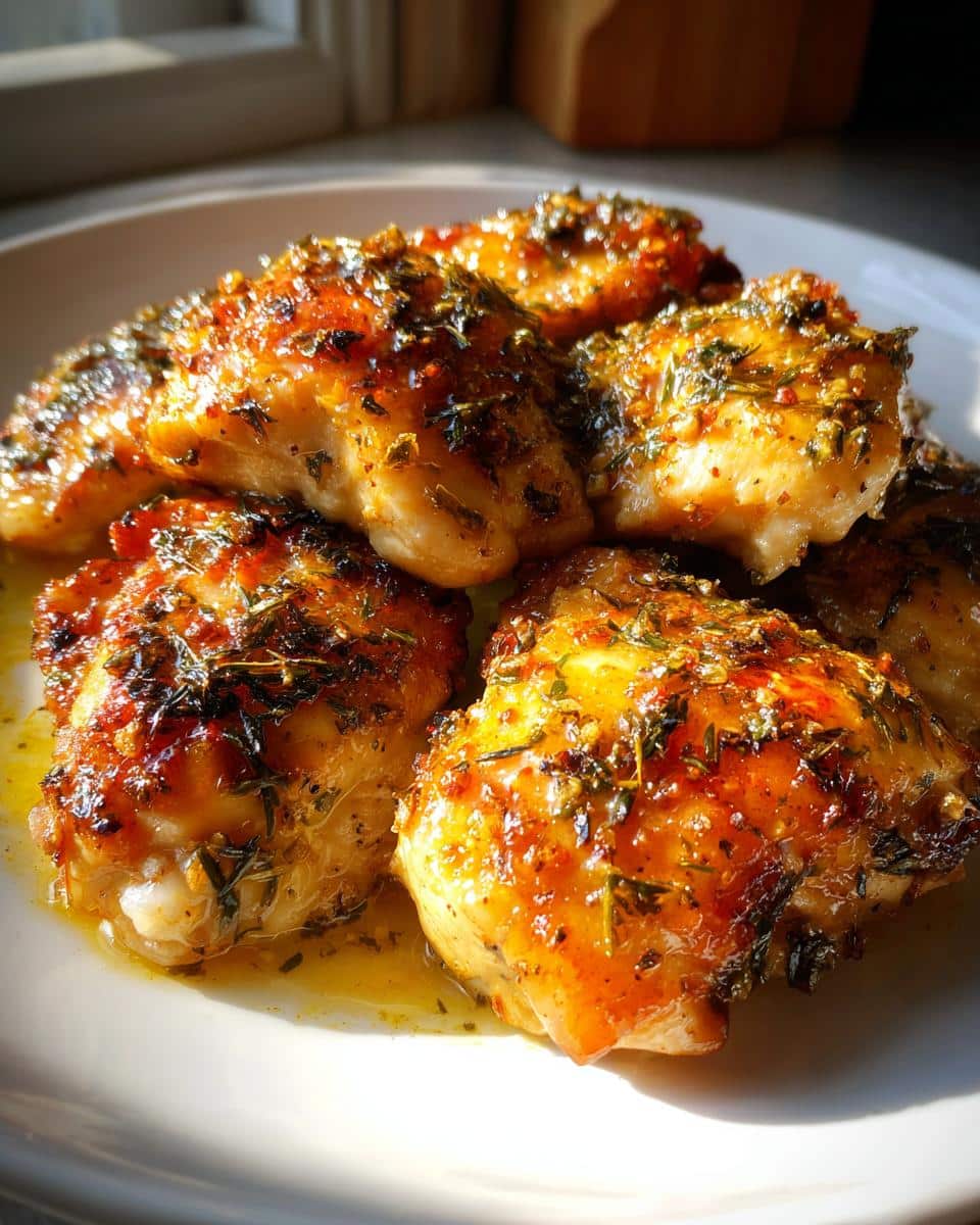 Juicy Garlic Butter Air Fryer Chicken in Just 25 Minutes 4 Close-up of golden brown Garlic Butter Air Fryer Chicken thighs on a white plate, glistening with butter and herbs.