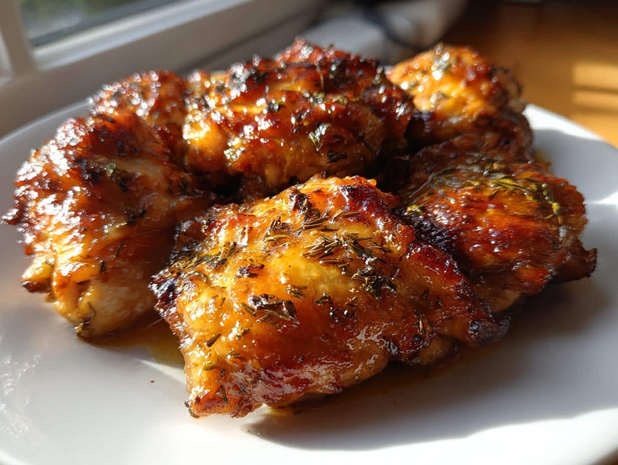 Juicy Garlic Butter Air Fryer Chicken in Just 25 Minutes 1 Close-up of golden brown Garlic Butter Air Fryer Chicken thighs on a white plate, glistening with sauce and herbs.