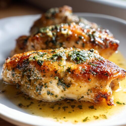 Close-up of three golden-brown Garlic Butter Baked Chicken Breast pieces on a white plate, glistening with butter sauce and herbs.