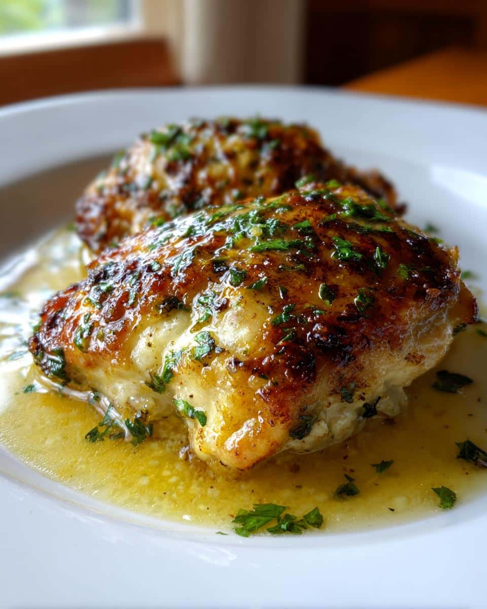 Two golden brown Garlic Butter Baked Chicken Breast pieces on a white plate, swimming in a rich butter sauce and garnished with fresh parsley.