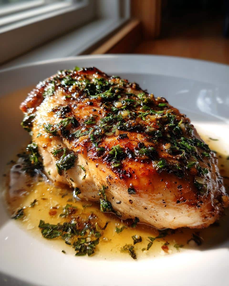 Close-up of a juicy, golden-brown Garlic Butter Baked Chicken Breast on a white plate, glistening with butter sauce and fresh herbs.