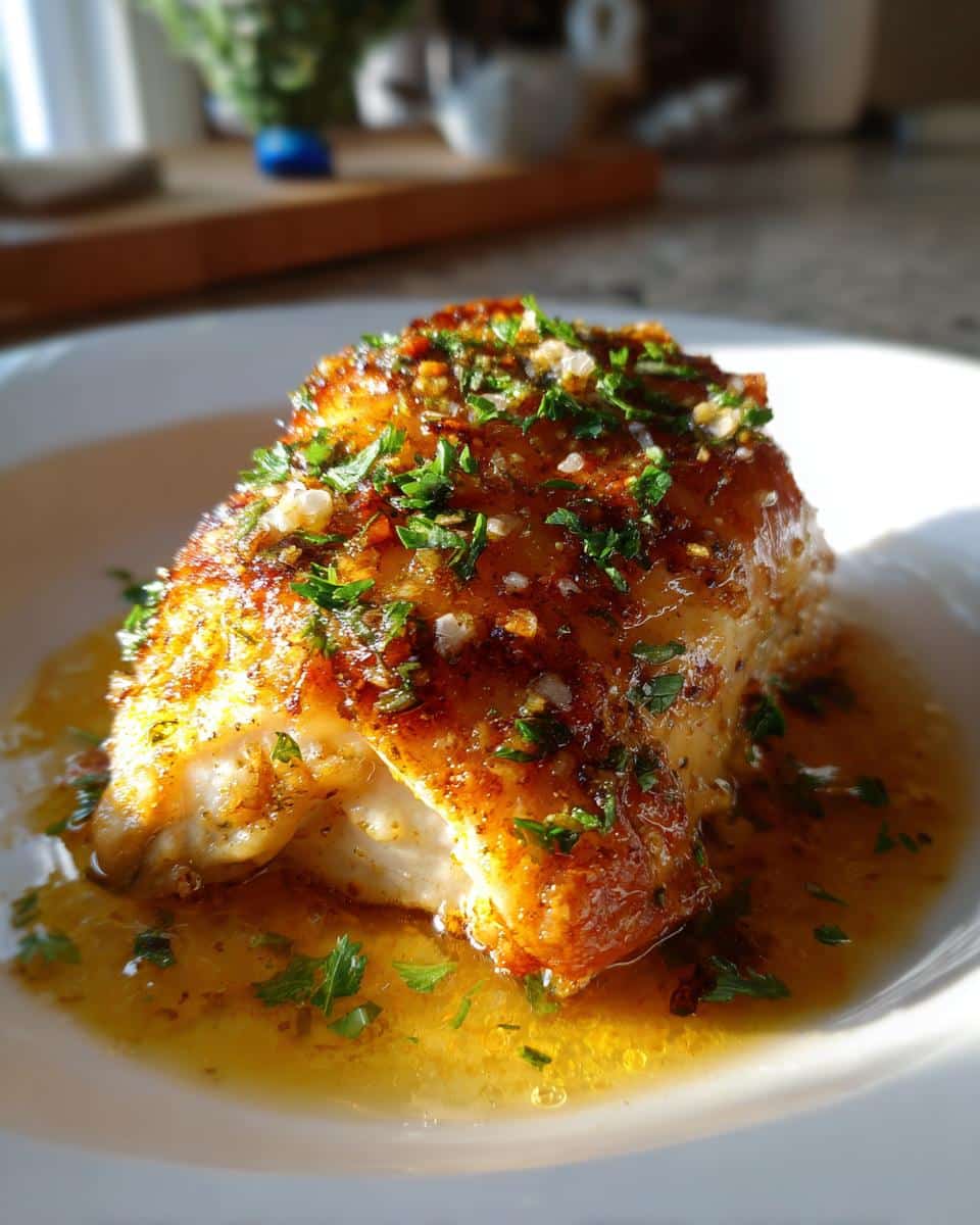 Close-up of a golden-brown Garlic Butter Baked Chicken Breast on a white plate, glistening with butter sauce and fresh parsley.