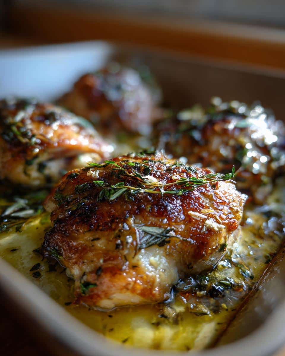 Close-up of golden-brown Garlic Butter Baked Chicken Thighs in a baking dish, garnished with fresh herbs.