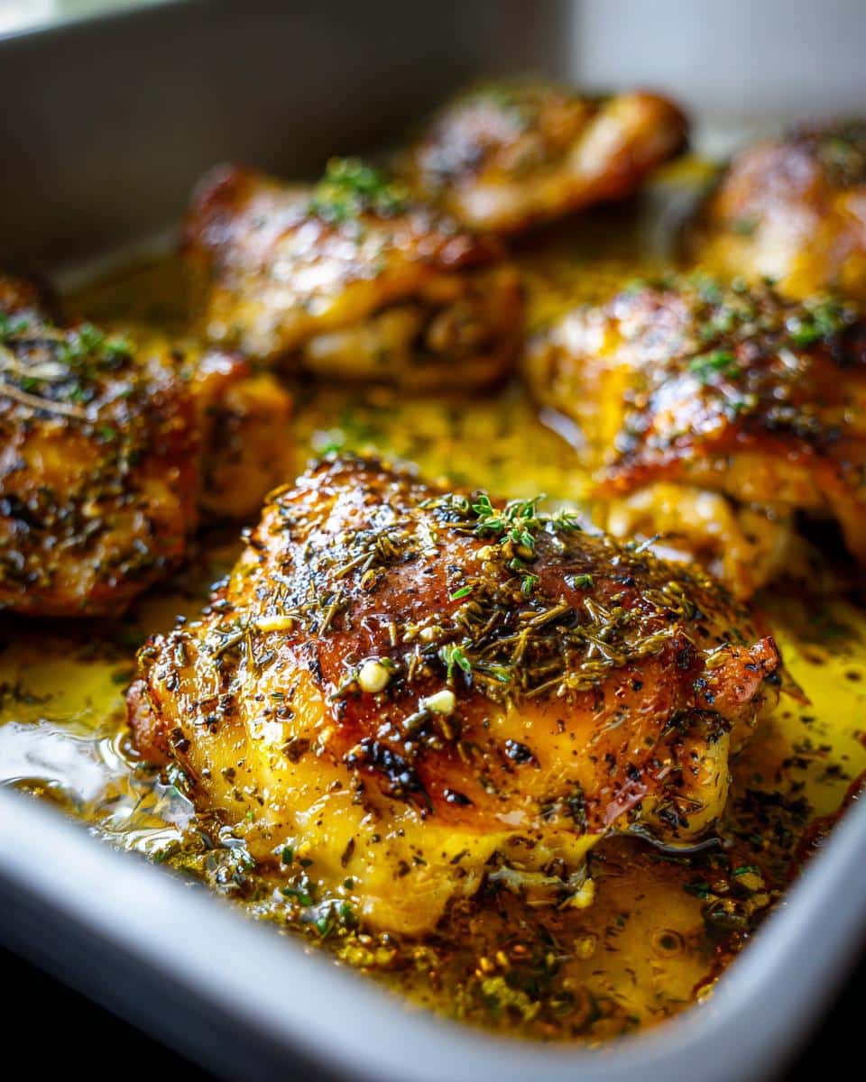 Close-up of golden-brown Garlic Butter Baked Chicken Thighs in a baking dish, garnished with fresh herbs and sitting in a rich sauce.