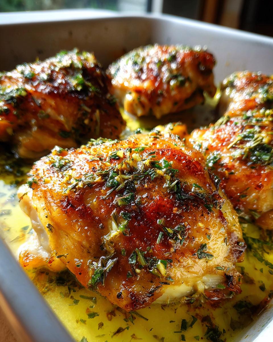 Close-up of golden brown Garlic Butter Baked Chicken Thighs in a baking pan, covered in herbs and butter sauce.