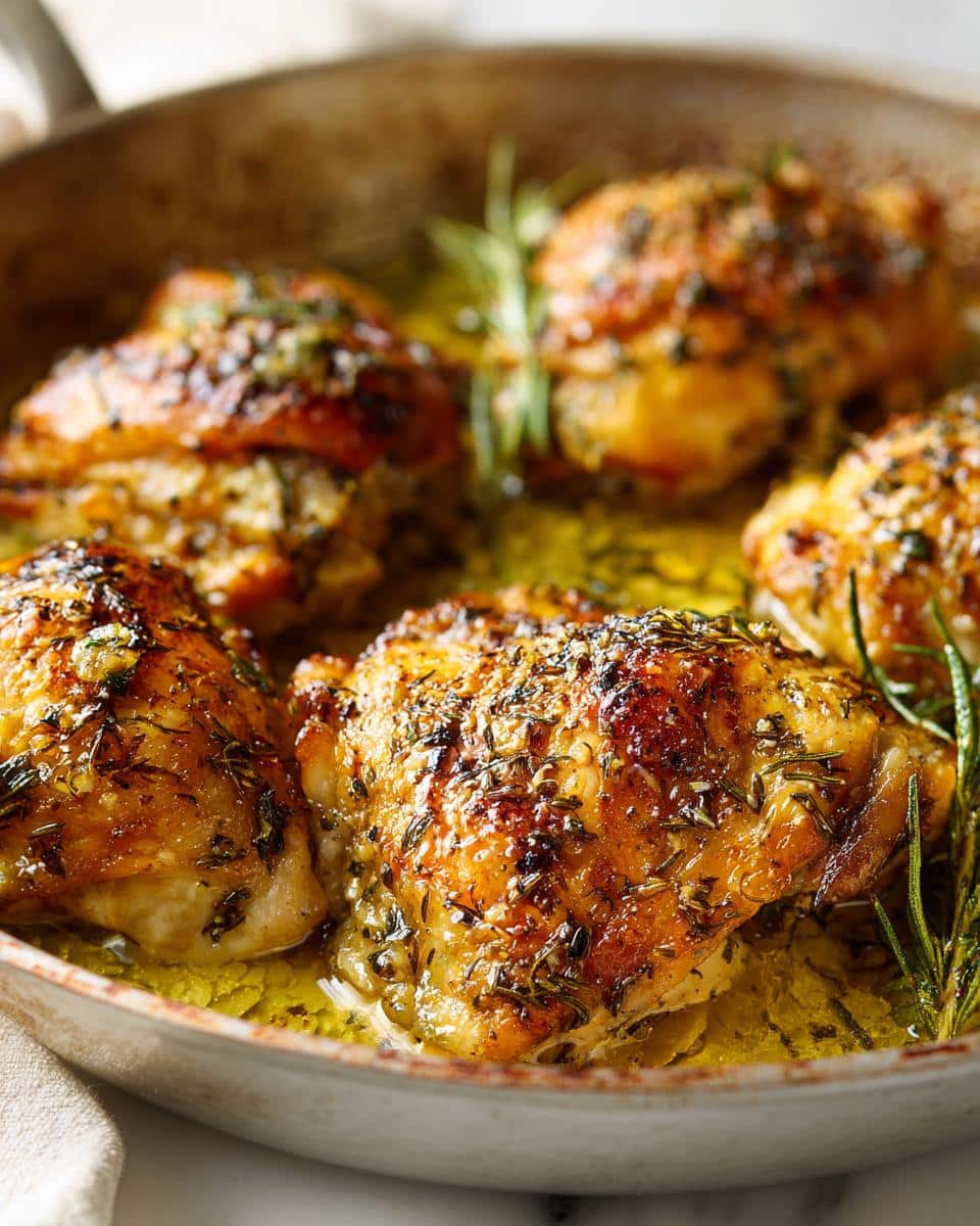 Close-up of golden brown Garlic Butter Baked Chicken Thighs in a pan with herbs and melted butter sauce.