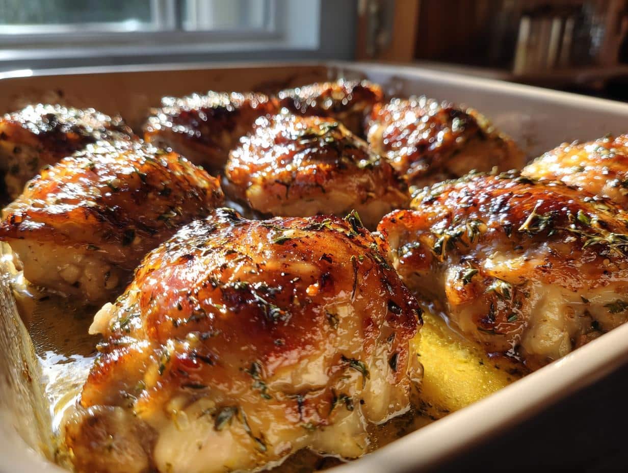Close-up of golden brown Garlic Butter Baked Chicken Thighs with herbs in a baking dish, glistening with butter.