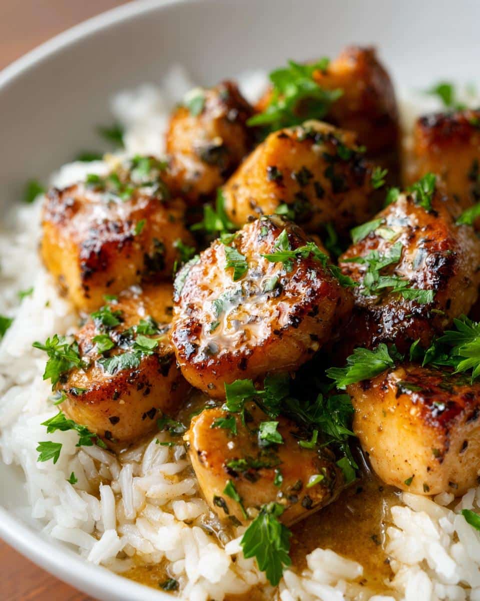 Close-up of golden brown Garlic Butter Chicken Bites with Rice, garnished with fresh parsley in a white bowl.