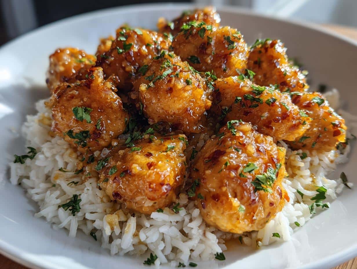 Close-up of a white bowl filled with fluffy white rice topped with glistening Garlic Butter Chicken Bites, garnished with fresh parsley.