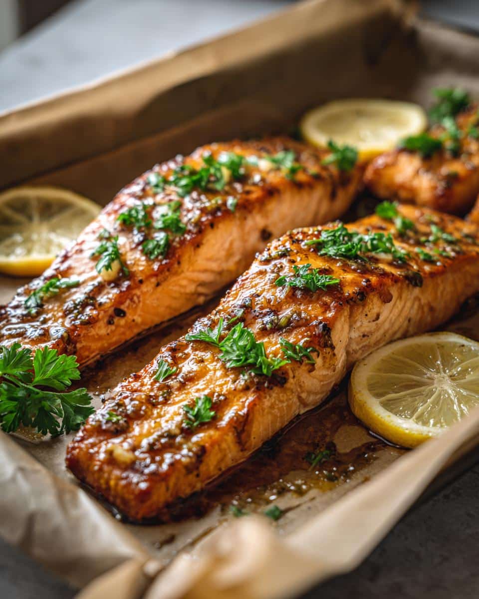 Close-up of two perfectly cooked Garlic Butter Salmon Sheet Pan fillets with parsley and lemon slices on parchment paper.