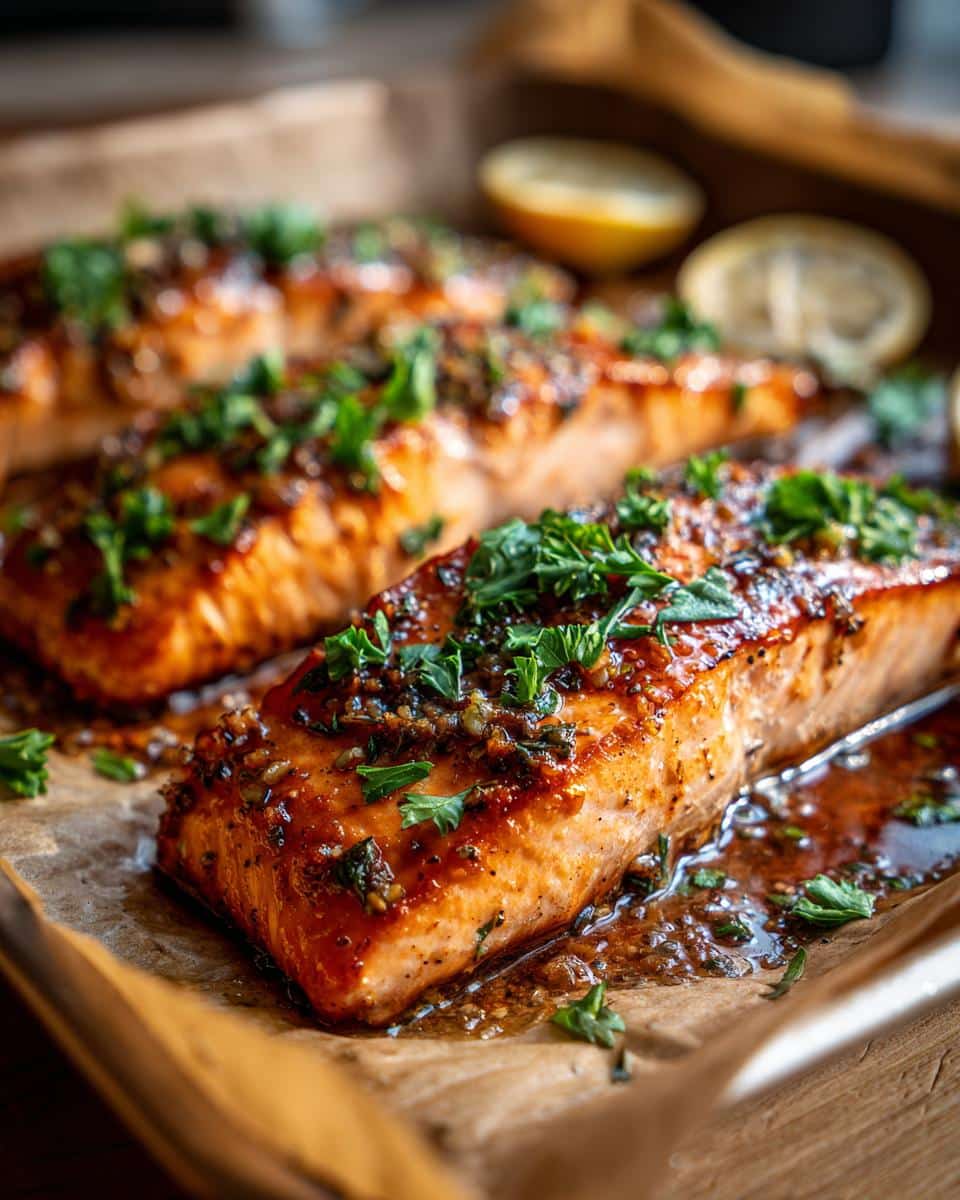 Close-up of perfectly cooked Garlic Butter Salmon Sheet Pan fillets, garnished with fresh parsley and lemon slices.