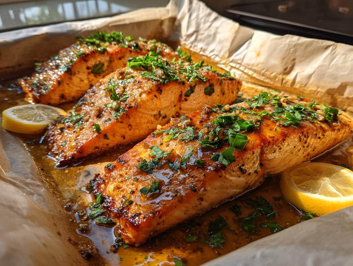 Three glistening fillets of Garlic Butter Salmon Sheet Pan, garnished with fresh parsley and lemon slices on parchment paper.