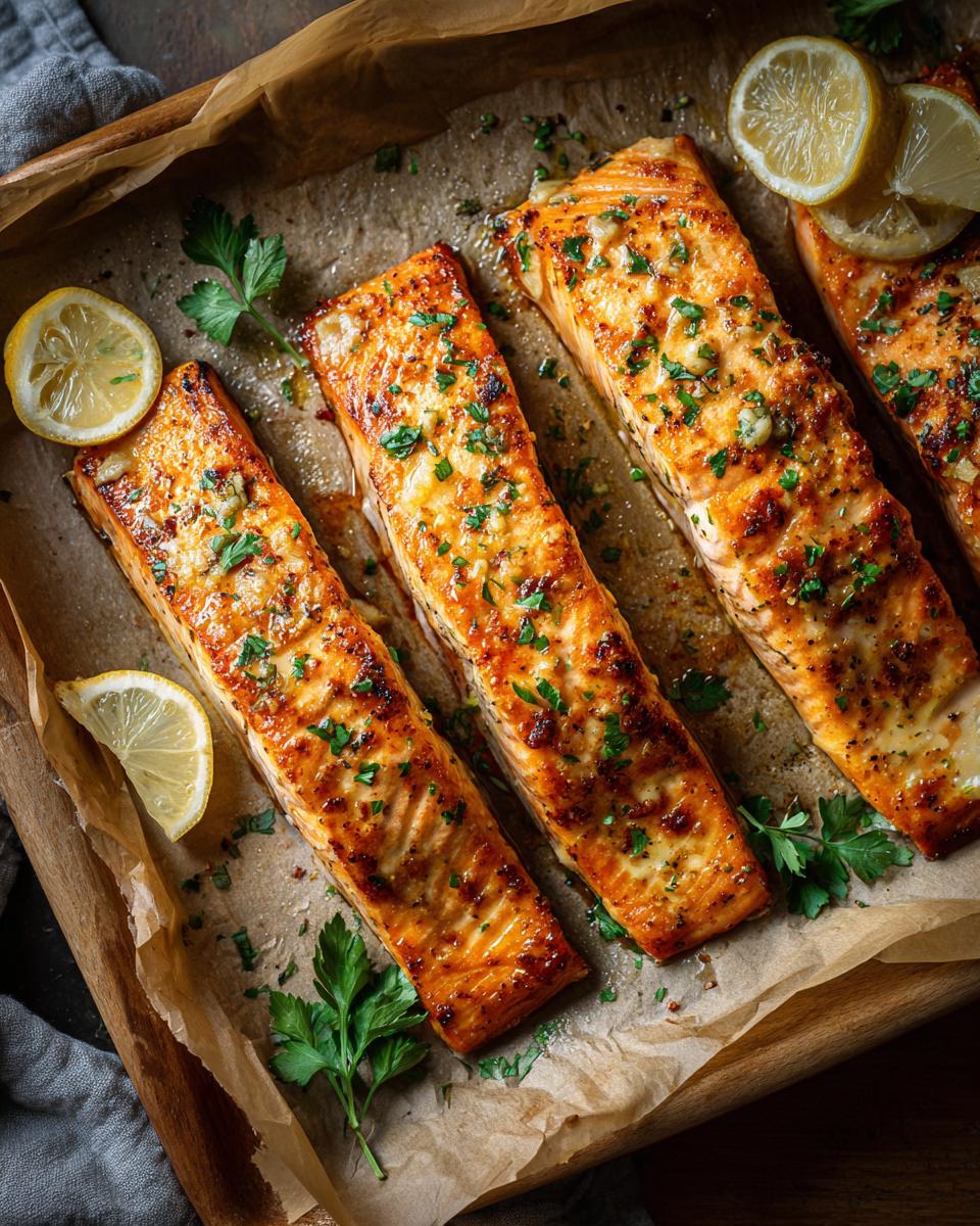 Four golden-brown Garlic Butter Salmon fillets on parchment paper with lemon slices and fresh parsley.
