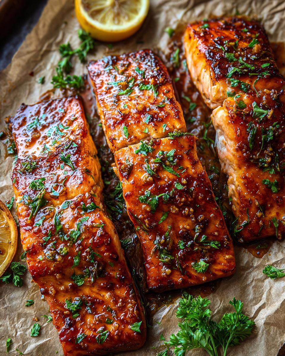 Three glistening fillets of Garlic Butter Salmon Sheet Pan, garnished with fresh parsley and lemon slices on parchment paper.