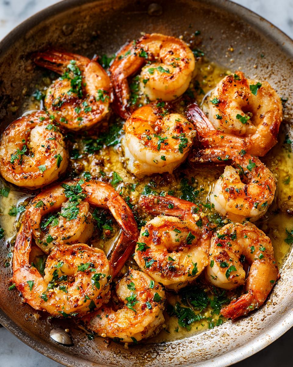 Close-up of perfectly cooked Garlic Butter Shrimp Skillet with fresh parsley in a pan.