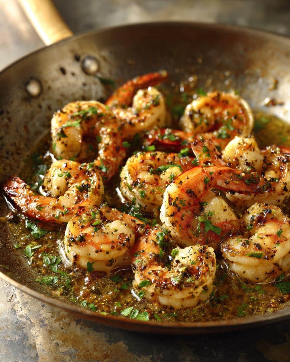 Close-up of cooked Garlic Butter Shrimp Skillet with parsley in a metal pan.