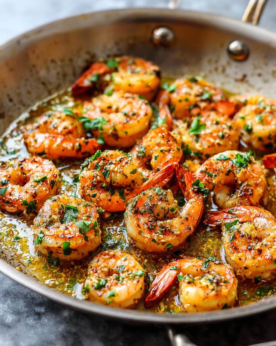 Close-up of a Garlic Butter Shrimp Skillet, with perfectly cooked shrimp glistening in a rich, herby garlic butter sauce.